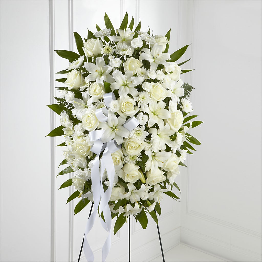 Exquisite Tribute Standing Spray-White Ribbon – ALANA'S FLOWERS & GIFTS, Etobicoke ON