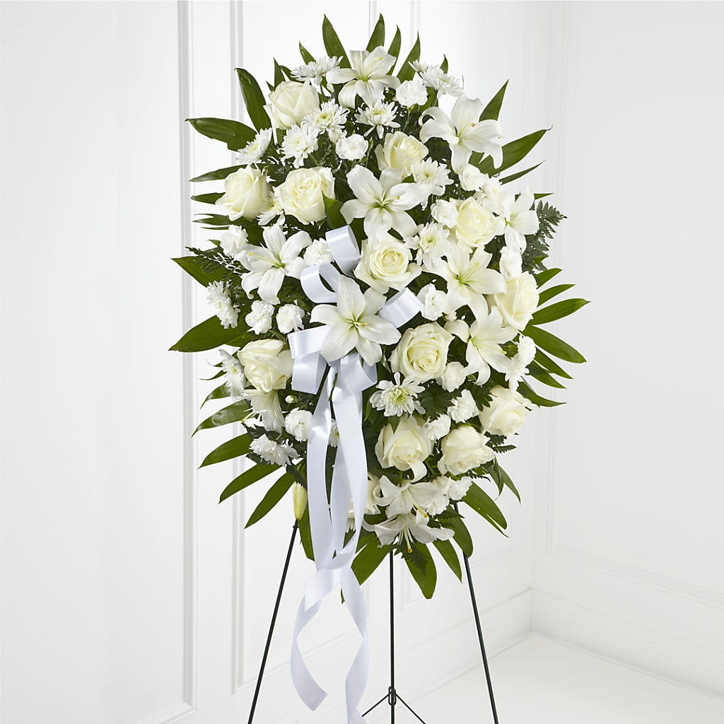 Exquisite Tribute Standing Spray-White Ribbon – ALANA'S FLOWERS & GIFTS, Etobicoke ON